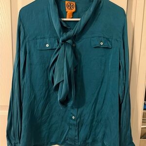 Tory Burch Teal Silk Blouse with Scarf Accent